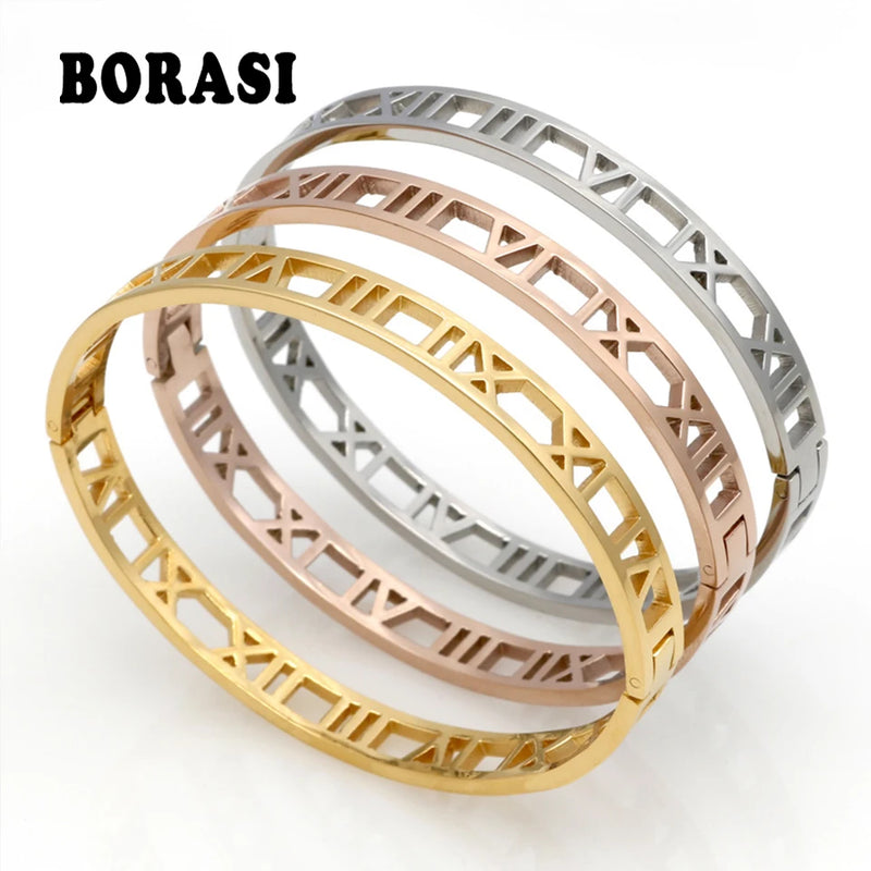 Delicate Hollow Roman Numeral Bracelets Titanium Steel Bangle Fine Jewelry Women