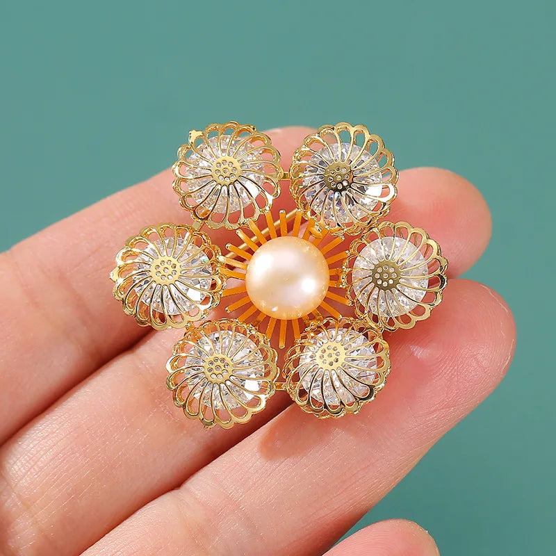 Zircon Flower Brooch Freshwater Pearl Floral Corsage Suit Pin Women Accessories