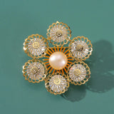 Zircon Flower Brooch Freshwater Pearl Floral Corsage Suit Pin Women Accessories
