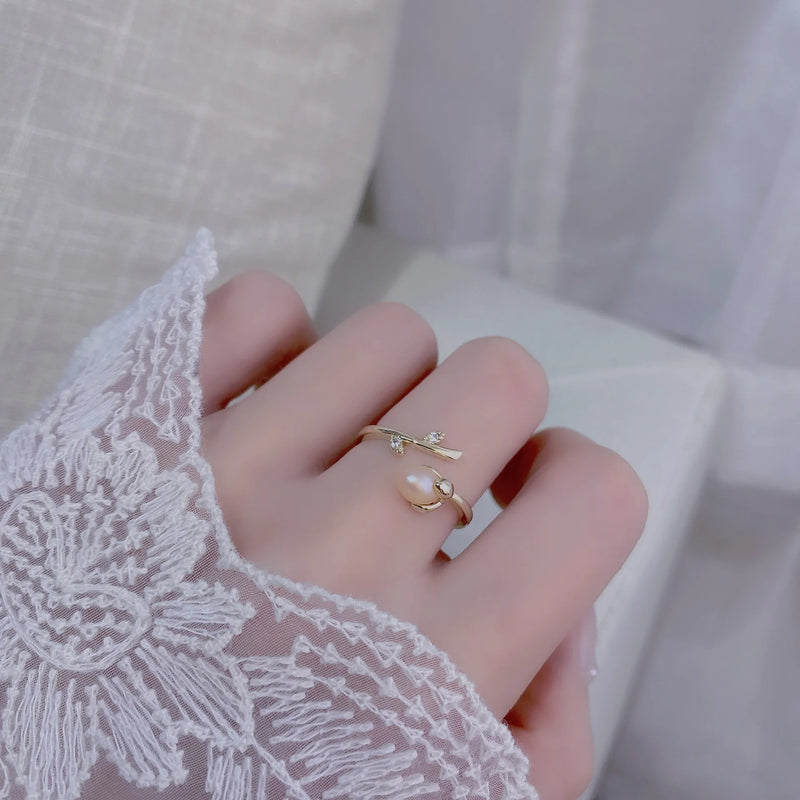 Adjustable Pink Freshwater Pearl Ring with Cubic Zircon Flower