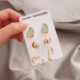 Delicate Enamel Stud Earrings Set - Green Pink - Golden Jewelry for Women