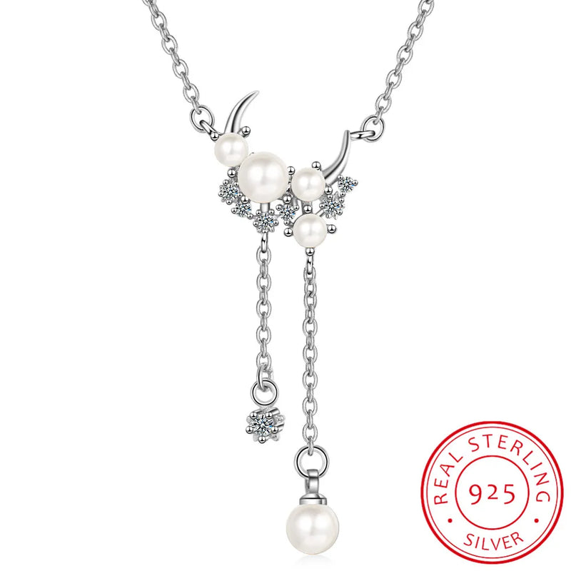 Moon Tassel Pendant Necklace 925 Silver Pearl Chain For Women