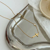 Petite Sideway Cross Necklace Women Stainless Steel Thin Chain Link
