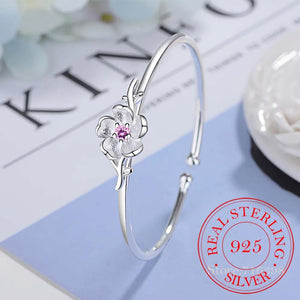 Pink Cherry Blossoms Bangle 925 Silver Open Cuff Bracelet