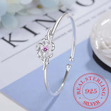 Pink Cherry Blossoms Bangle 925 Silver Open Cuff Bracelet