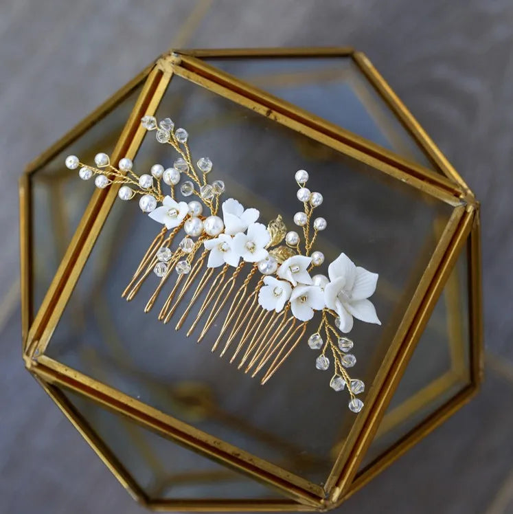 Porcelain Flower Wedding Comb Hair Piece Crystal Bridal Accessories