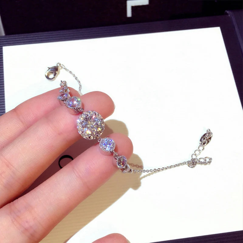 Silver Round Cut Zirconia Bracelet Lightning Chain Women Engagement Jewelry