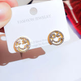 Delicate Openwork Smiley Diamond Stud Earrings 18K Silver-Plated
