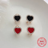 Japan Korea Style 925 Silver Zircon Earrings Sweet Red Heart Studs