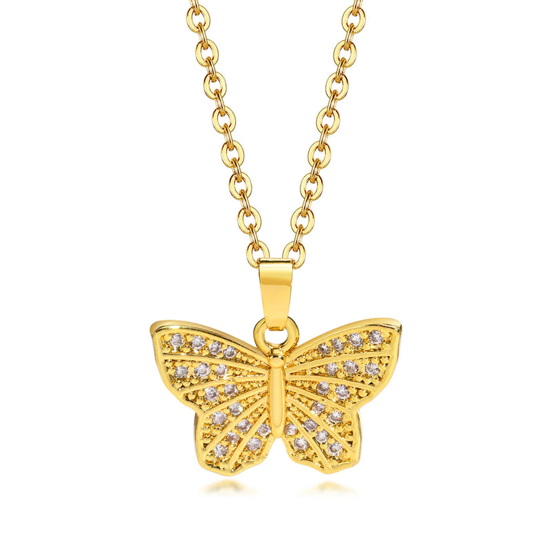 Women's Gold Butterfly Necklace with CZ Stones, Stainless Steel Clavicle Collar