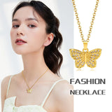 Women's Gold Butterfly Necklace with CZ Stones, Stainless Steel Clavicle Collar