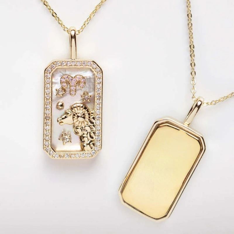 Zodiac Necklace 12 Constellation Shell Crystal Pendant Stainless Steel