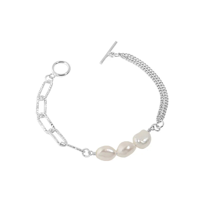 925 Silver Bracelet Baroque Pearl Pendant Double Layer Chain