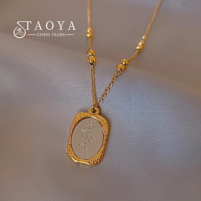 Sense Glass Mirror Rose Pendant Stainless Steel Necklace