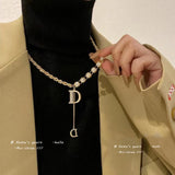 Zircon D Letter Pendant Long Necklace Winter Sweater Chain Jewelry