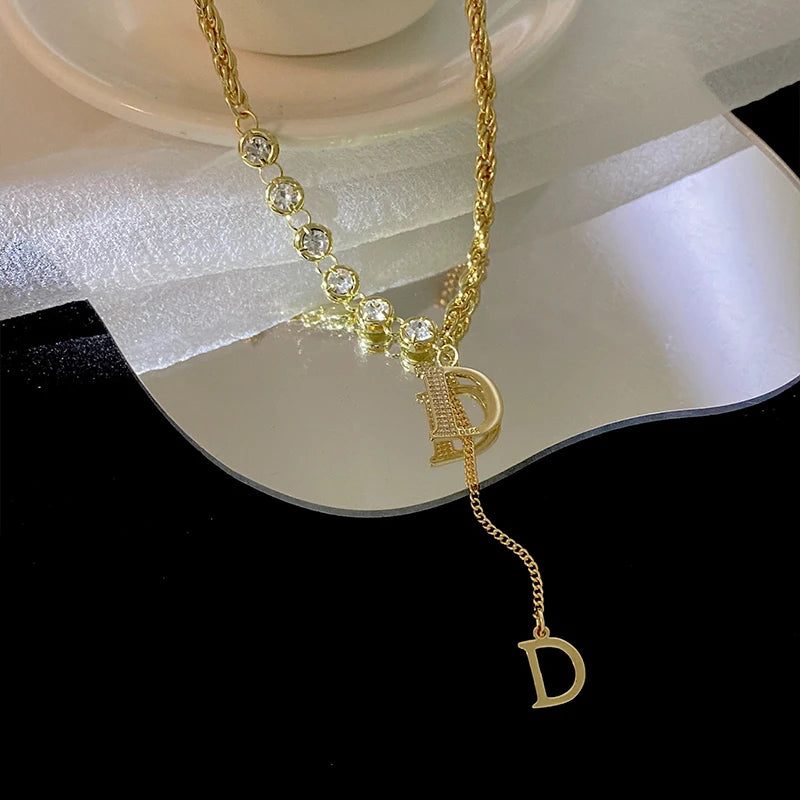 Zircon D Letter Pendant Long Necklace Winter Sweater Chain Jewelry
