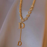 Zircon D Letter Pendant Long Necklace Winter Sweater Chain Jewelry