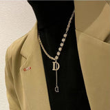 Zircon D Letter Pendant Long Necklace Winter Sweater Chain Jewelry