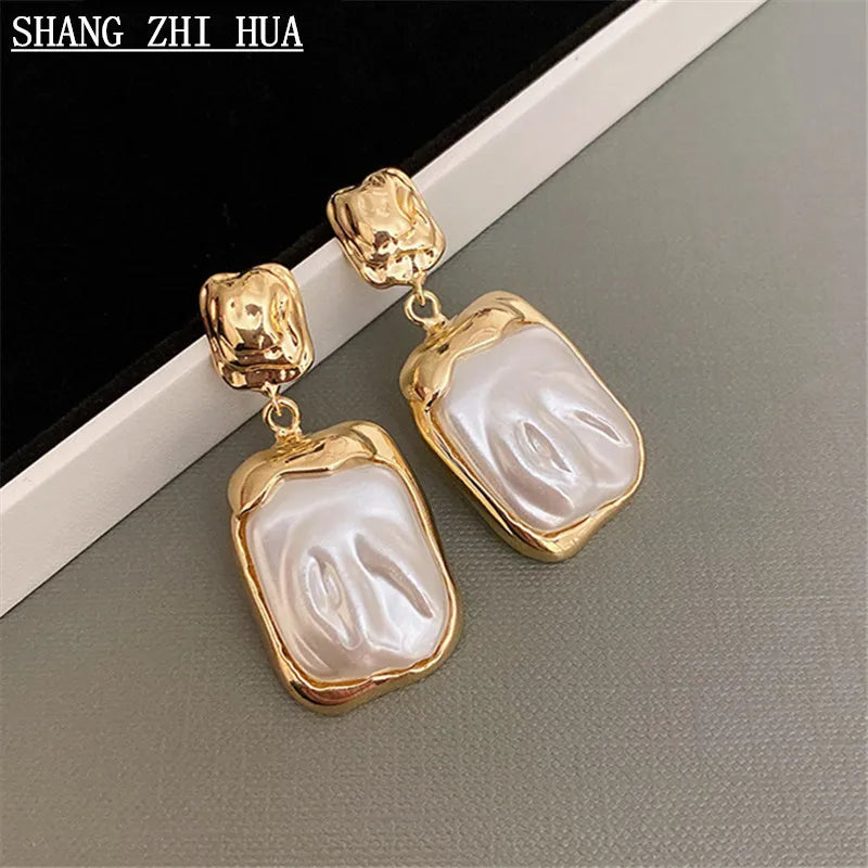 Metal Inlaid Pearl Pendant Earrings for Women