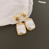 Metal Inlaid Pearl Pendant Earrings for Women