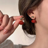 Wine Red Enamel Metal Bean Earrings for Women