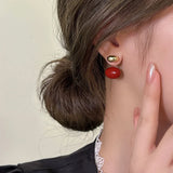Wine Red Enamel Metal Bean Earrings for Women
