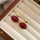 Wine Red Enamel Metal Bean Earrings for Women