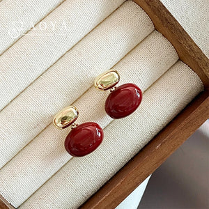 Wine Red Enamel Metal Bean Earrings for Women