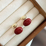 Wine Red Enamel Metal Bean Earrings for Women