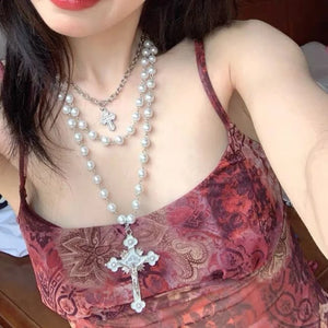 Tuku Spice Necklace Y2K Sweater Chain Cross Pearl Chain