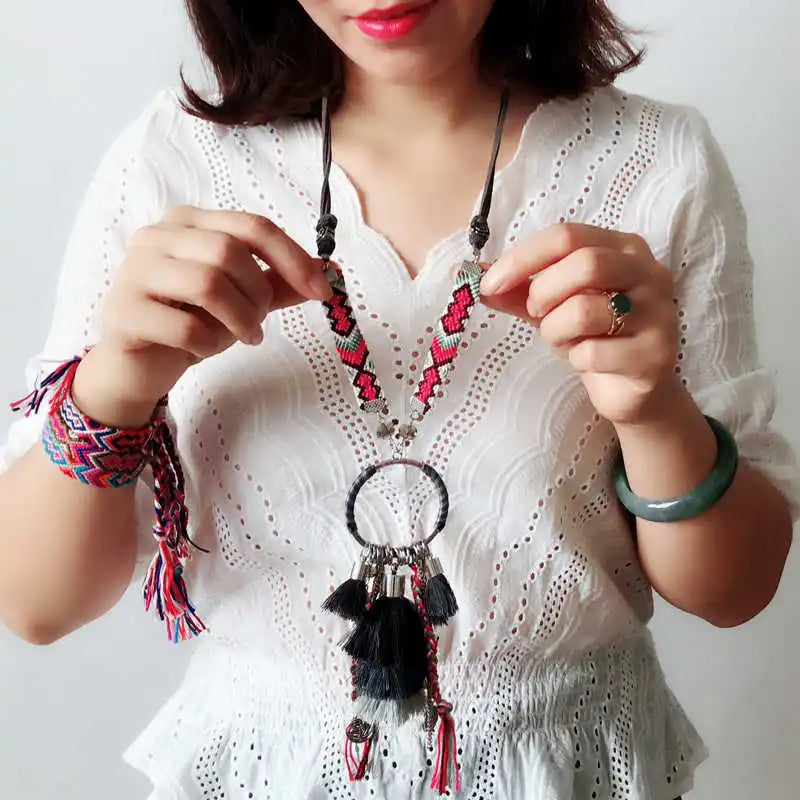 Three-Layer Linen Cotton Sweater Necklace 32" Length