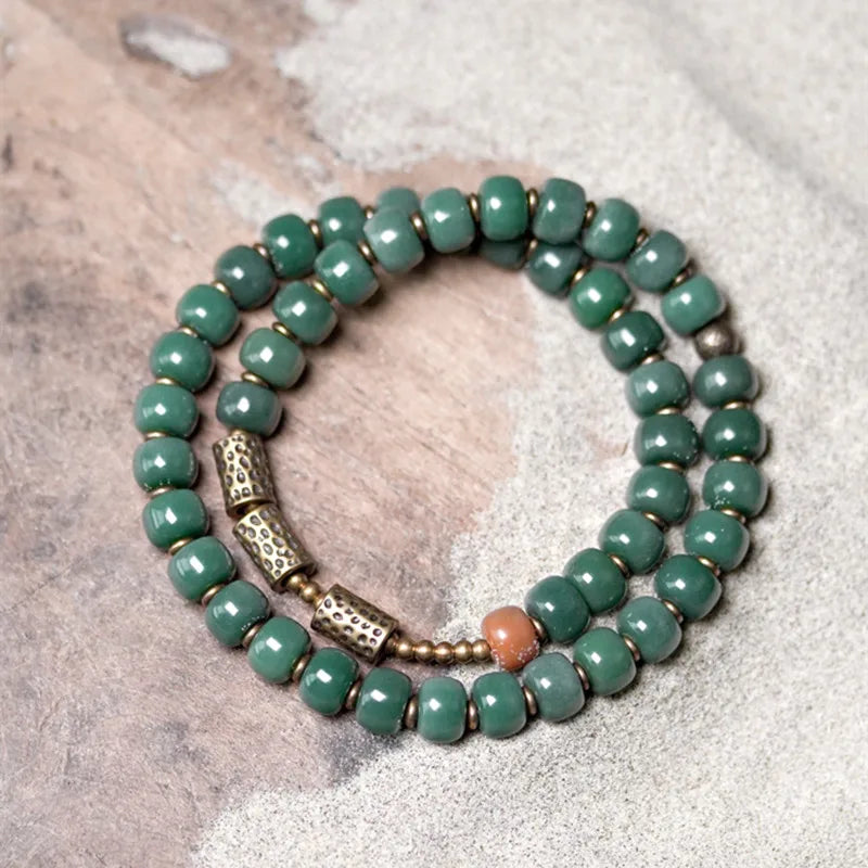 Green Bodhii Seed Bracelet Brass Charm Lucky Meditation Jewelry