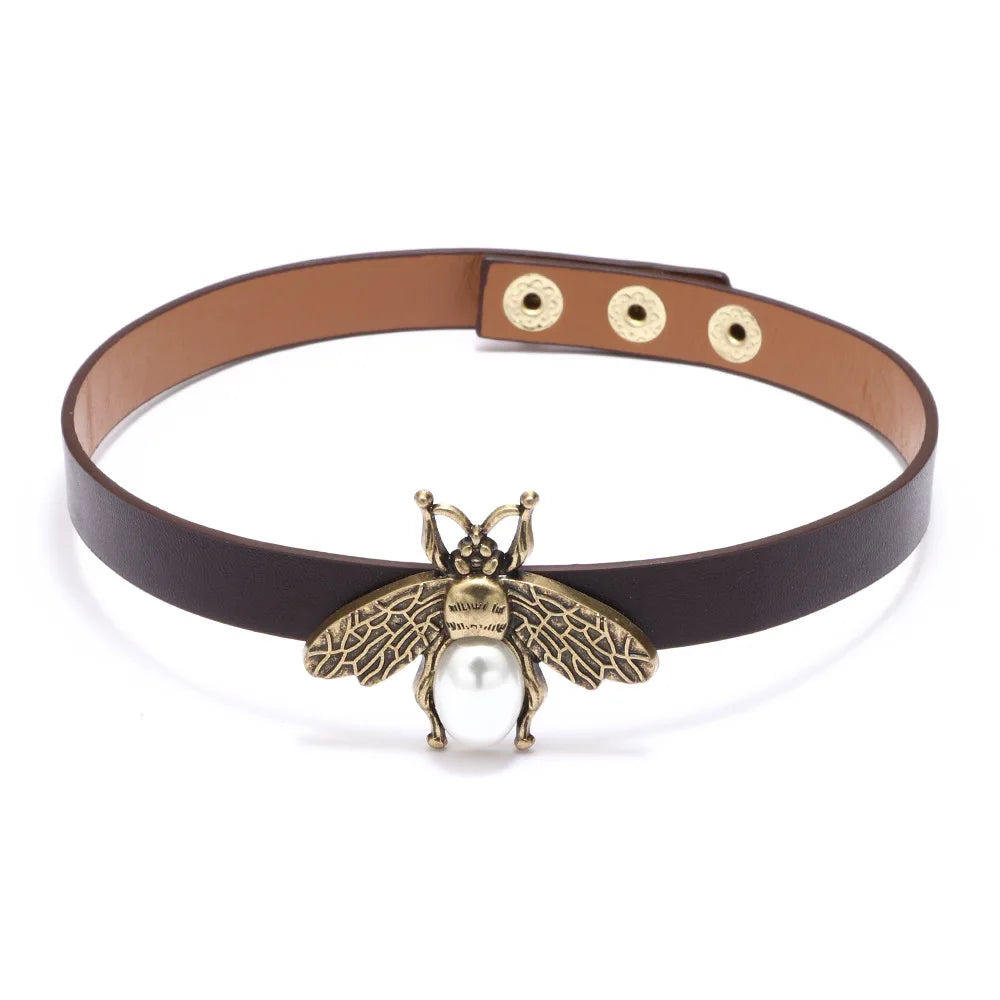 Vintage Bee Leather Choker Necklace Gothic Jewelry