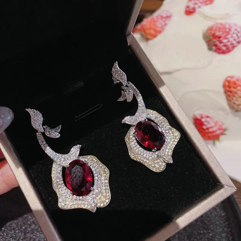 Retro Court Style Zircon Flower Earrings Silver Drop Party Jewelry
