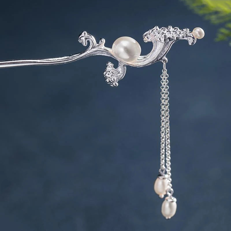 Sea Wave Pearl Tassel Hairpin Vintage Silver Jewelry