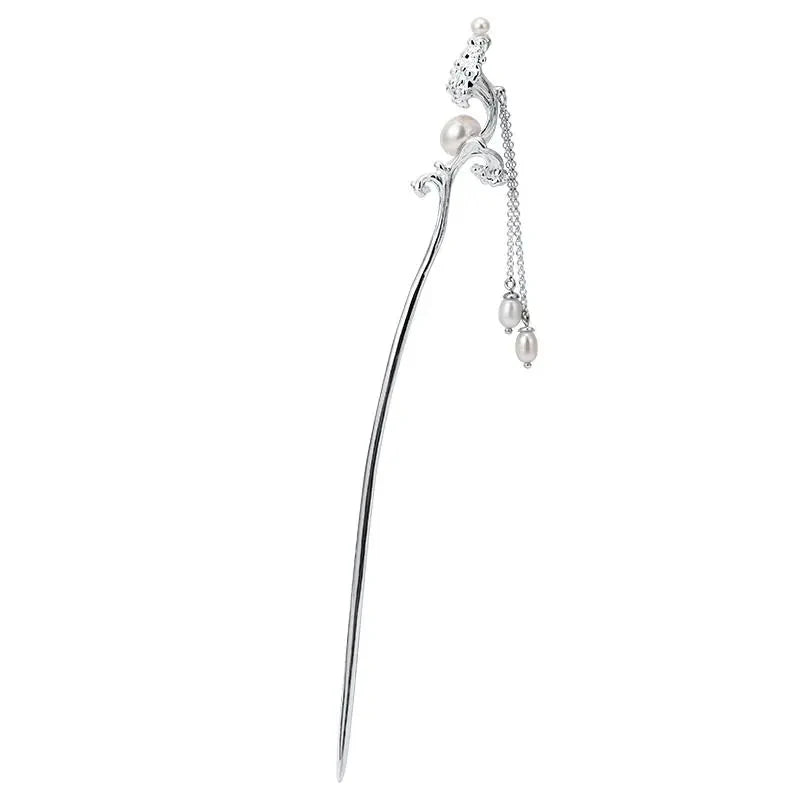 Sea Wave Pearl Tassel Hairpin Silver Jewelry Hanfu