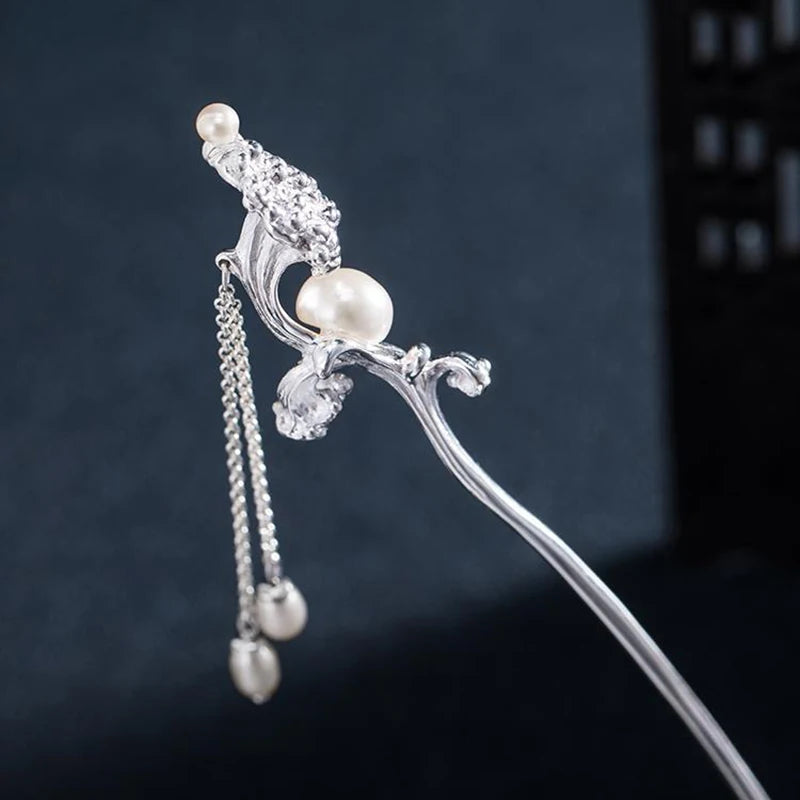 Sea Wave Pearl Tassel Hairpin Silver Jewelry Hanfu