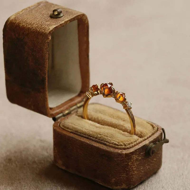 Vintage Silver Diamond Orange Gemstone Adjustable Ring