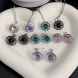 Saturn Planet Necklace Earrings Set Rhinestone Stainless Steel Jewelry Party