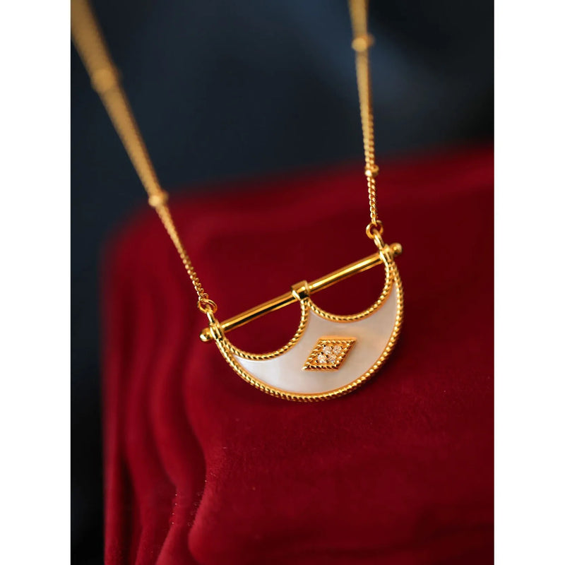 18K Plated Shell Moon Arch Pendant Zircon CZ Necklace