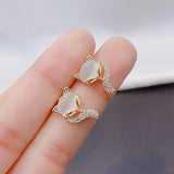Natural Chalcedony Fox Diamond Earrings - Retro Charm Silver Jewelry
