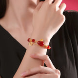 Red Tourmaline Rabbit Bracelet Double Chain Bangle Silver Jewelry