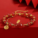 Red Tourmaline Rabbit Bracelet Double Chain Bangle Silver Jewelry
