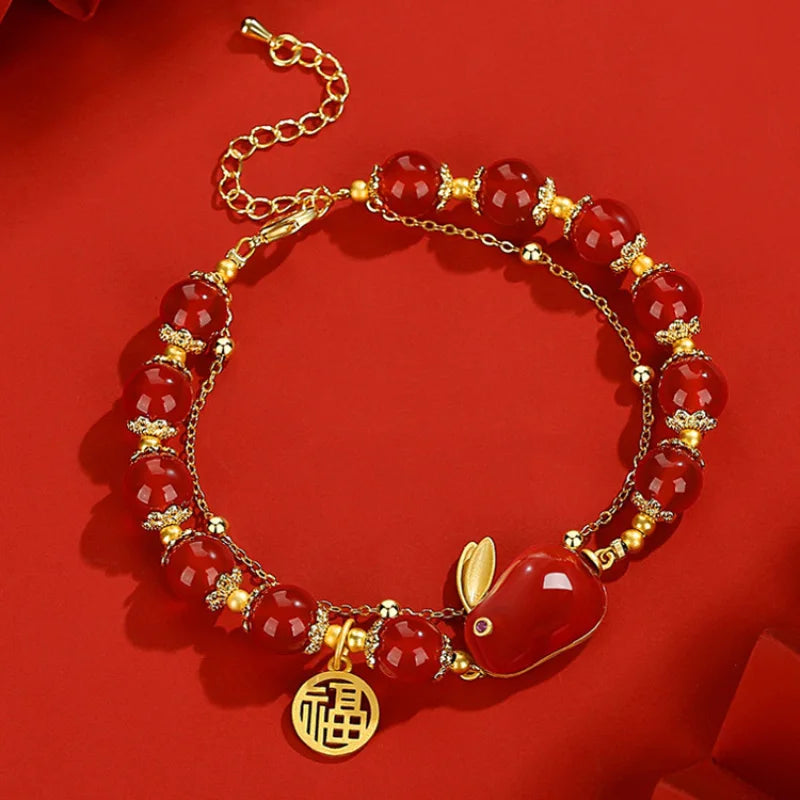 Red Tourmaline Rabbit Bracelet Double Chain Bangle Silver Jewelry