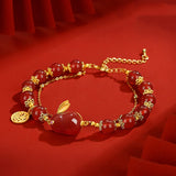Red Tourmaline Rabbit Bracelet Double Chain Bangle Silver Jewelry