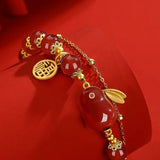 Red Tourmaline Rabbit Bracelet Double Chain Bangle Silver Jewelry