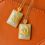 Natural Hetian Jade Dragon Phoenix Square Pendant Retro Chinese Silver Jewelry
