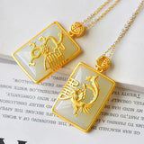 Natural Hetian Jade Dragon Phoenix Square Pendant Retro Chinese Silver Jewelry
