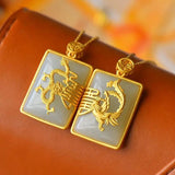 Natural Hetian Jade Dragon Phoenix Square Pendant Retro Chinese Silver Jewelry