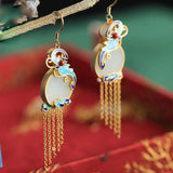 Vintage Hetian Jade Butterfly Tassel Earrings for Women